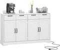 58.7 Inch Sideboard Buffet Cabinet, White Storage Credenza with Charging Station, 4 Drawers & 4 Doors Coffee Bar Cabinet, Modern Console Cabinet for Kitchen Living Room Hallway