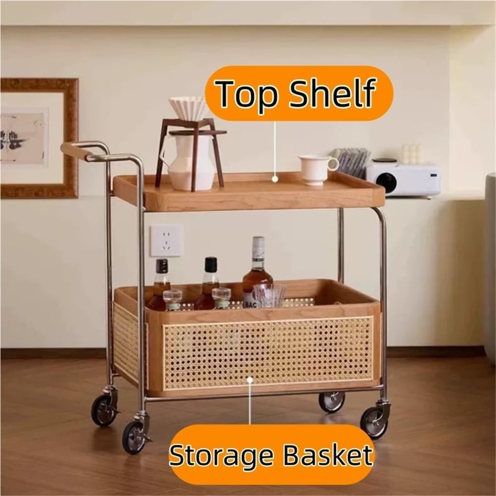 End Table Storage Trolley - 2-Layer Moveable Coffee Bedside Table with Casters for Living Room and Kitchen