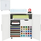 Craft Cart Cabinet Compatible with Cricut for Storage Organization, Rolling Craft Cabinet Table Stand Workstation with Vinyl Roll Holder with Wheels for Craft Room Organizer 31.6"W x 15.8"D x 33.7"H