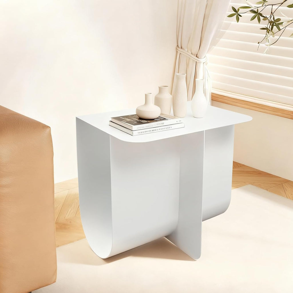 T-Shaped Metal End Table, Modern Side Table Accent Tables for Living Room, Bedroom, Office, No Assembly Required 15.7" W X 11.8" D X 15H (White)