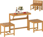 HAPPYGRILL 3-in-1 Acacia Wood Outdoor Dining Table Bench Set, with 2 Built-in Chairs, Plant Stand, Patio Bench Table for Backyard Garden
