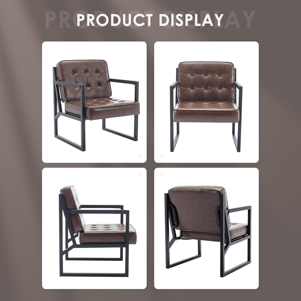 COLAMY Mid Century Modern Accent Chair, Comfy Living Room Chairs, Brown Leather Accent Chair, Faux Leather Reception Armchair with Metal Legs for Living Room Bedroom Reception Waiting Room, Brown
