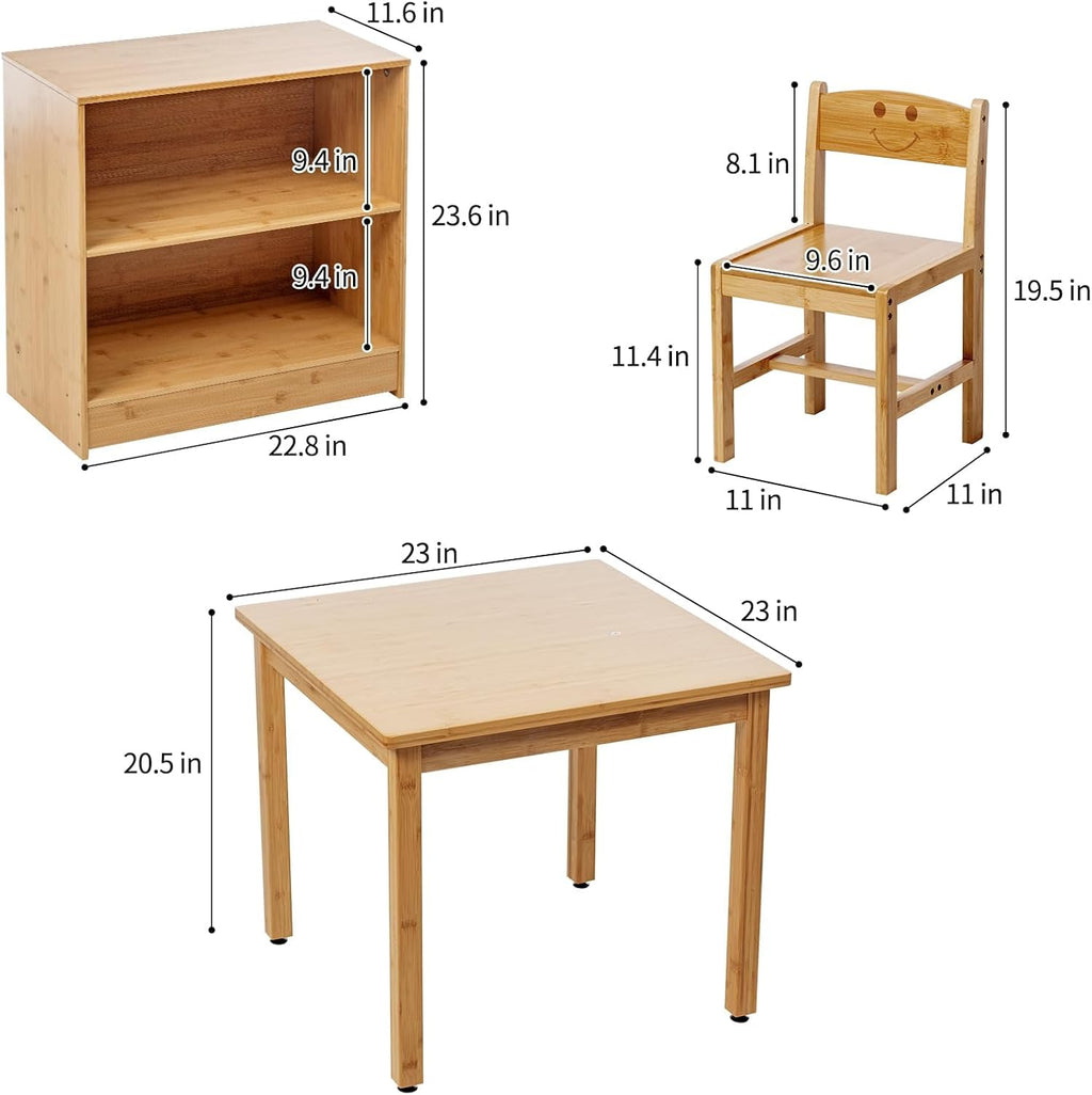 UNICOO Kids Table and 2 Chairs Set with Bookshelf, Bamboo Toddler Desk and Chair Set, Wooden Kids Activity Table and Study Desk for Reading, Writing, Drawing, Playroom, Classroom, Natural