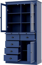 Tall Kitchen Pantry Cabinet with Glass Doors, Display Cabinet Coffee Bar Cabinet with Drawers, Serving Trays and Shelves for Dining Room, Living Room (Blue)