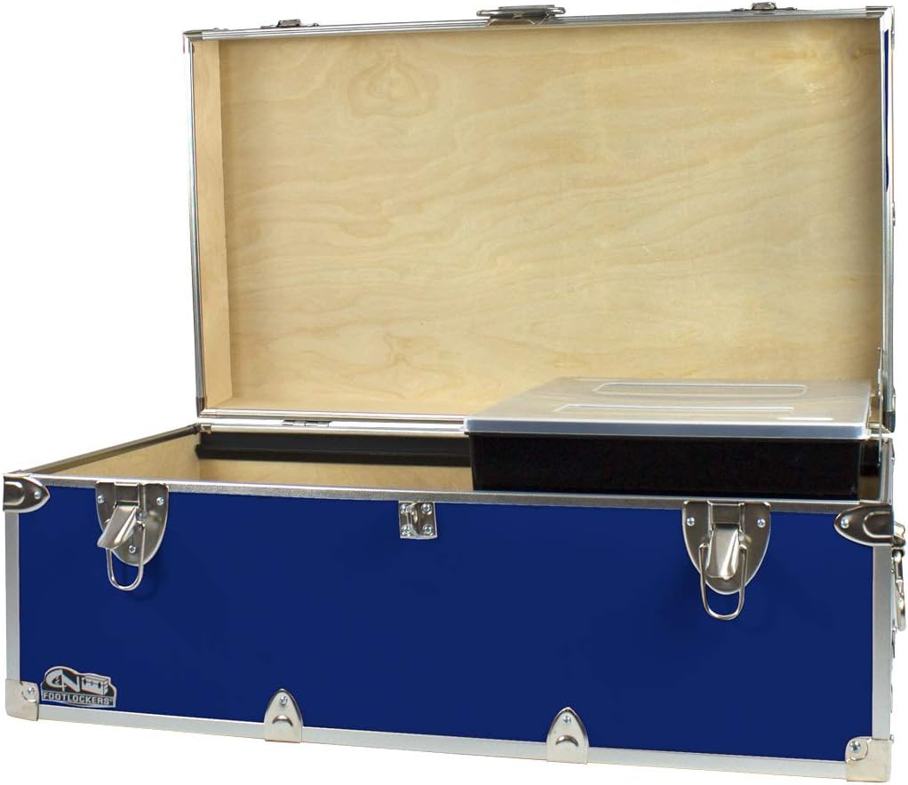 C&N Footlockers - Full-Size Happy Camper Trunk w/Tray - #1 Summer Camp Trunk - Made in the USA - Steel Footlocker with Lid Stay - 32 x 18 x 13.5 Inches (Royal Blue)