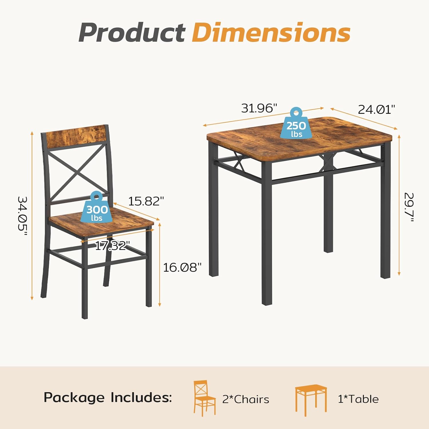 Zevemomo 3-Piece Dining Table Set, Dining Table for 2, Small Table and Chairs Set of 2, Breakfast Nook Table Set with 2 Curved Backrest Chairs, for Small Spaces & Apartment-Brown