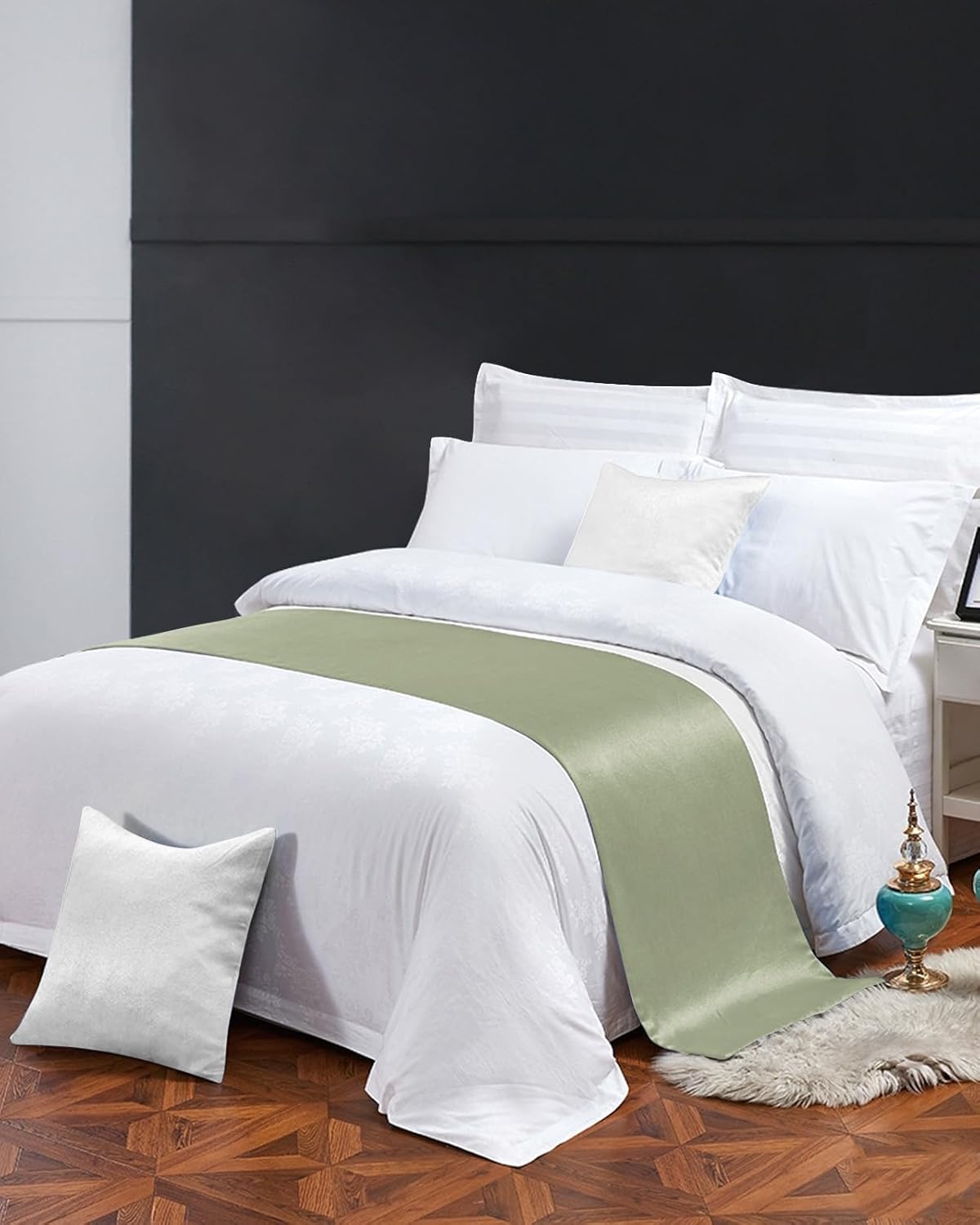 Sage Green Bed Runner for Queen Size Bed, Farmhouse Decorative Bed Scarf Throws for Foot of Bed, Sage Green Color Luxury Bedding Protector Slipcover Bed Runners for Hotel/Home, 83 x 20 Inch