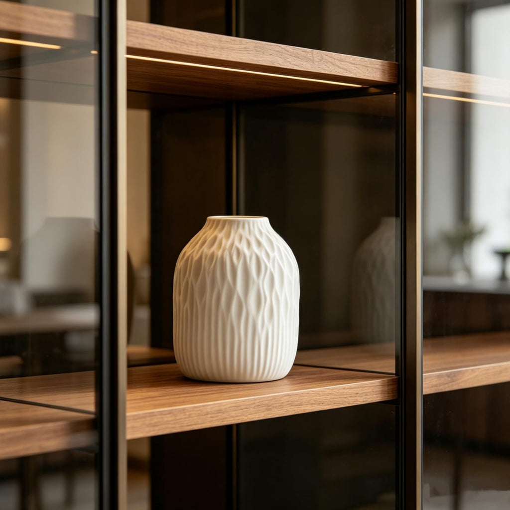 White Ceramic Flower Vase, 6 Inch Modern Vases Home Decor, White Ribbed Vases for Flowers,Pampas Grass Vase for Centerpieces Living Room Table Entryway Shelf (Small)