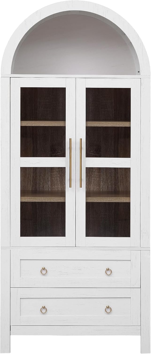 71" Farmhouse Arched Storage Cabinet with Glass Doors, Tall Arched Cabinet with Drawer, Adjustable Shelves & Door Racks, Modern Kitchen Pantry Cupboard, White