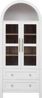 71" Farmhouse Arched Storage Cabinet with Glass Doors, Tall Arched Cabinet with Drawer, Adjustable Shelves & Door Racks, Modern Kitchen Pantry Cupboard, White