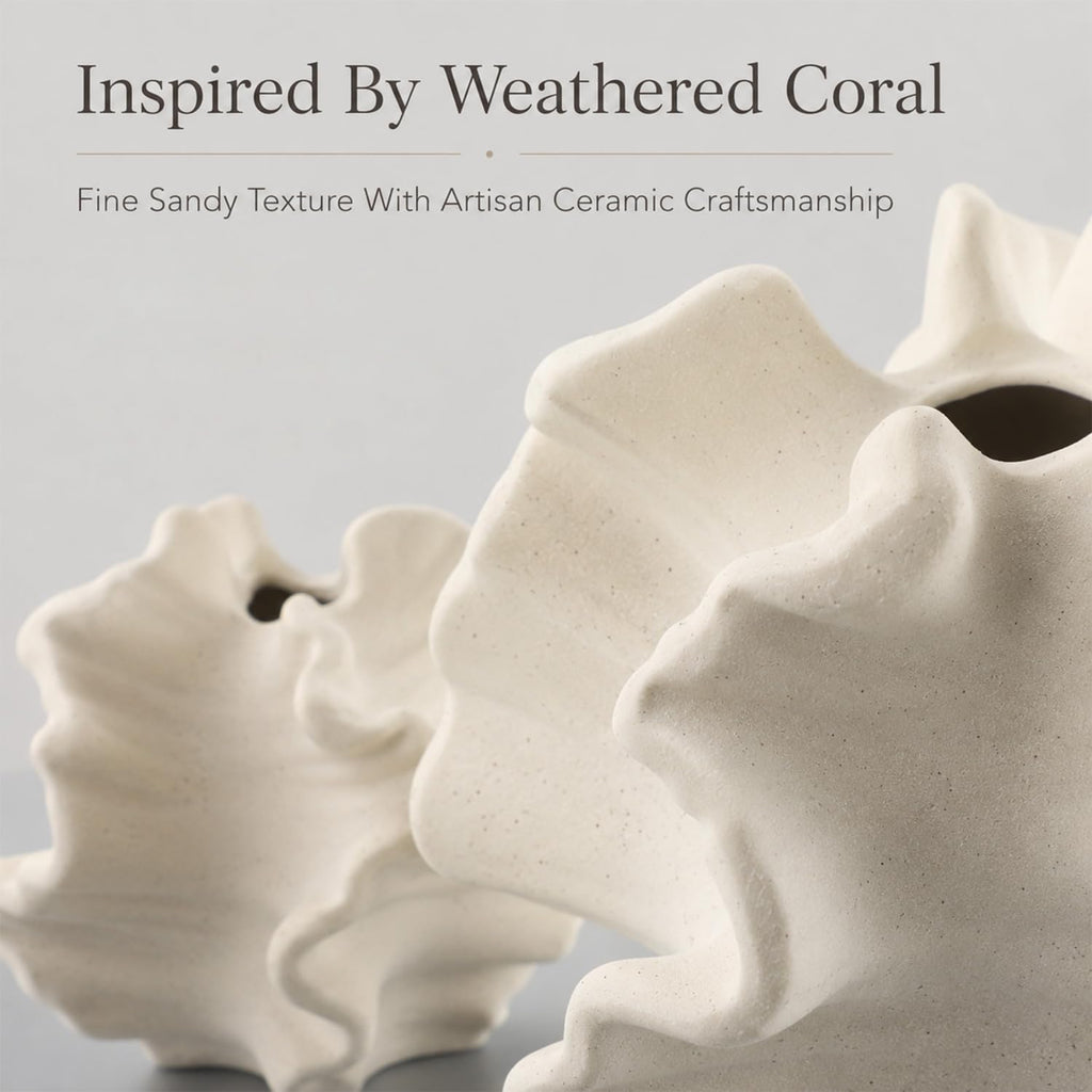 White Coral Vase Set of 2, Rustic Ceramic Flower Vase, Boho Farmhouse Coastal Charm Style, Decorative Pampas Vases for Home Living Room, Kitchen, Coffee Table, Bathroom, Shelf, Entryway & Fireplace