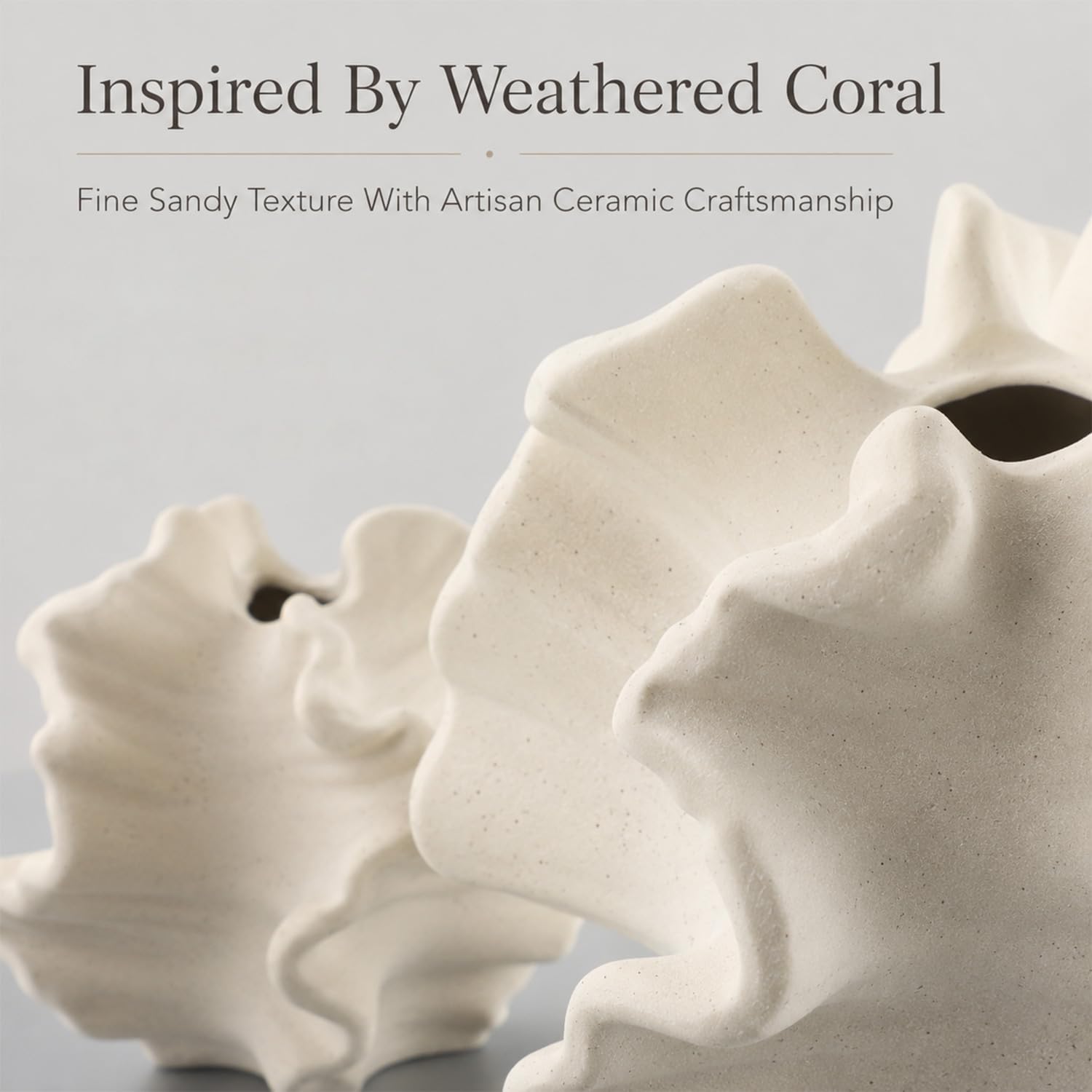 White Coral Vase Set of 2, Rustic Ceramic Flower Vase, Boho Farmhouse Coastal Charm Style, Decorative Pampas Vases for Home Living Room, Kitchen, Coffee Table, Bathroom, Shelf, Entryway & Fireplace