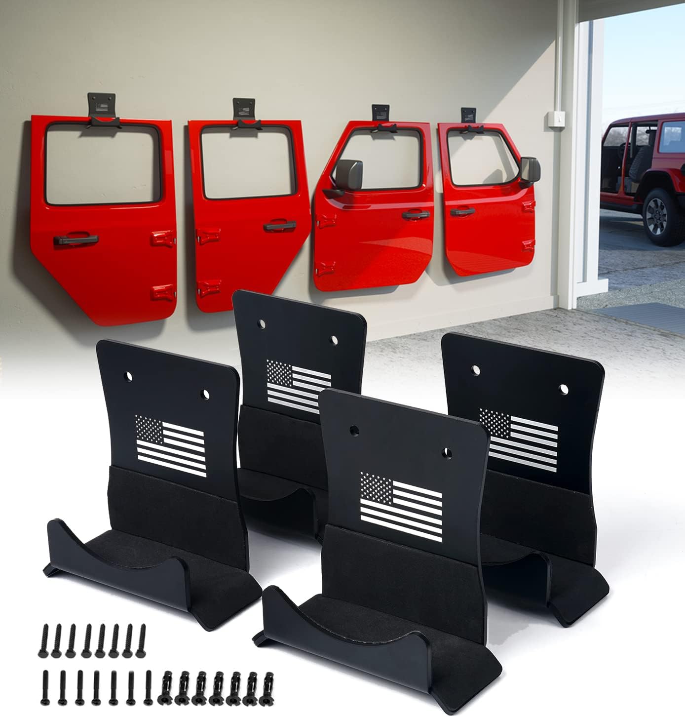Xprite Door Storage Hangers with US Flag Pattern & Rubber Lining, 4 PCS Removable Wall Mounted Door Storage Holder Hooks Compatible with 1956-2026 Jeep Wrangler CJ YJ TJ LJ JK JKU JL JLU Gladiator JT