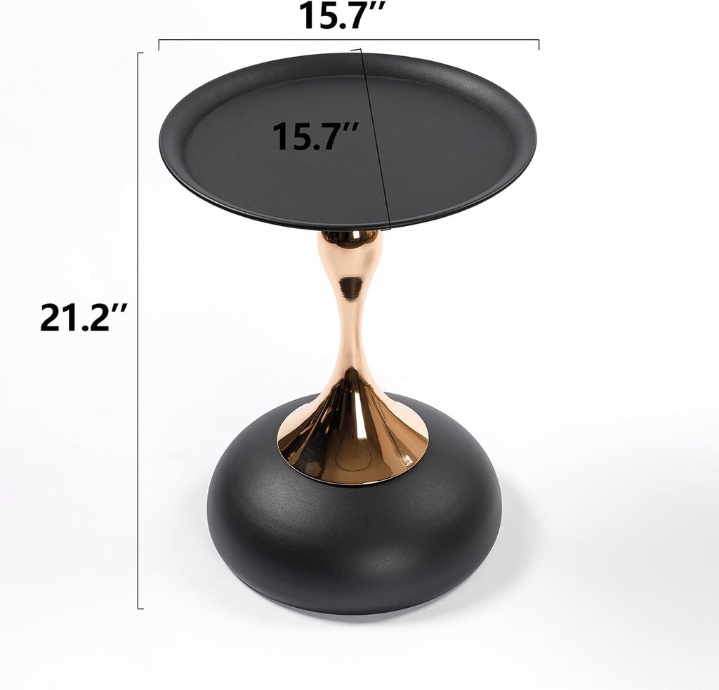 15.7" Round Side Table Gold Metal Pedestal, Hourglass Mermaid Tail Art Deco End Table, Modern Minimalist Accent Drink Martini Table for Small Spaces, Living Room Apartment Cafe (Black)