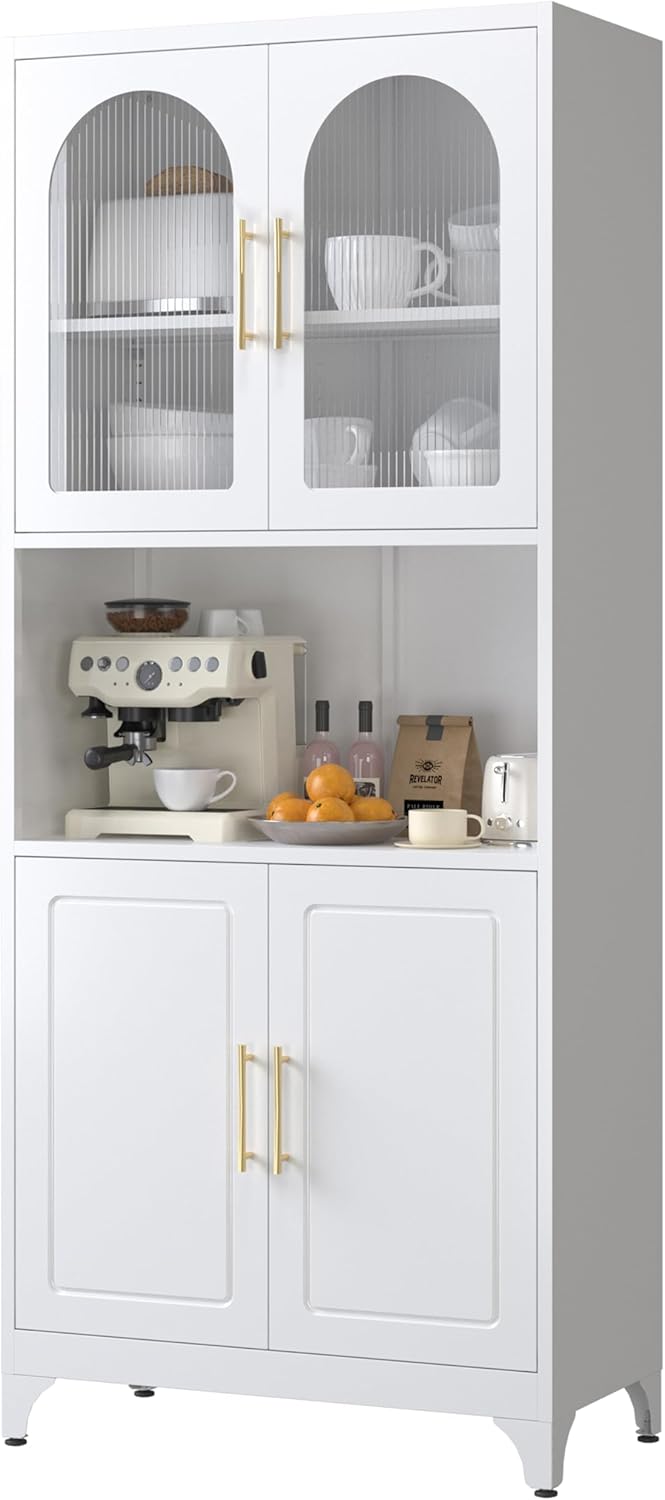 Kitchen Pantry Cabinet with Acrylic Glass Doors, 75" Freestanding Food Pantry with Countertop, Adjustable Shelves, Metal Cabinet for Living, Dining Room, White, Assembly Required