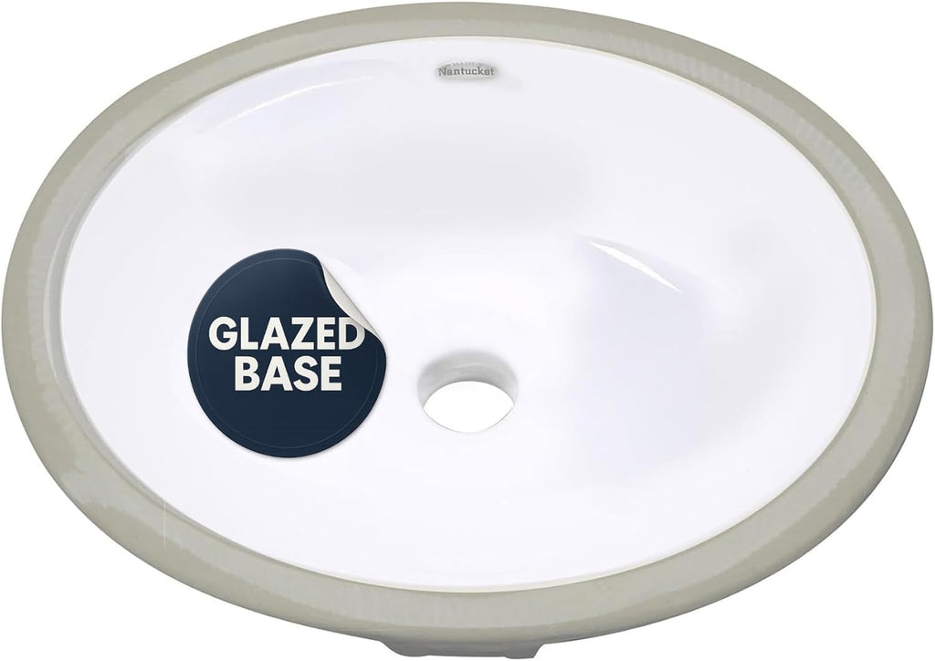 Nantucket Sinks Undermount Bathroom Sink – GB-13x10-W Small Oval Bowl Sink 13 Inch X 10 Inch for Bathroom Vanity, Glazed Bottom for Open Console, White, with Overflow – Ceramic, High Gloss Glaze