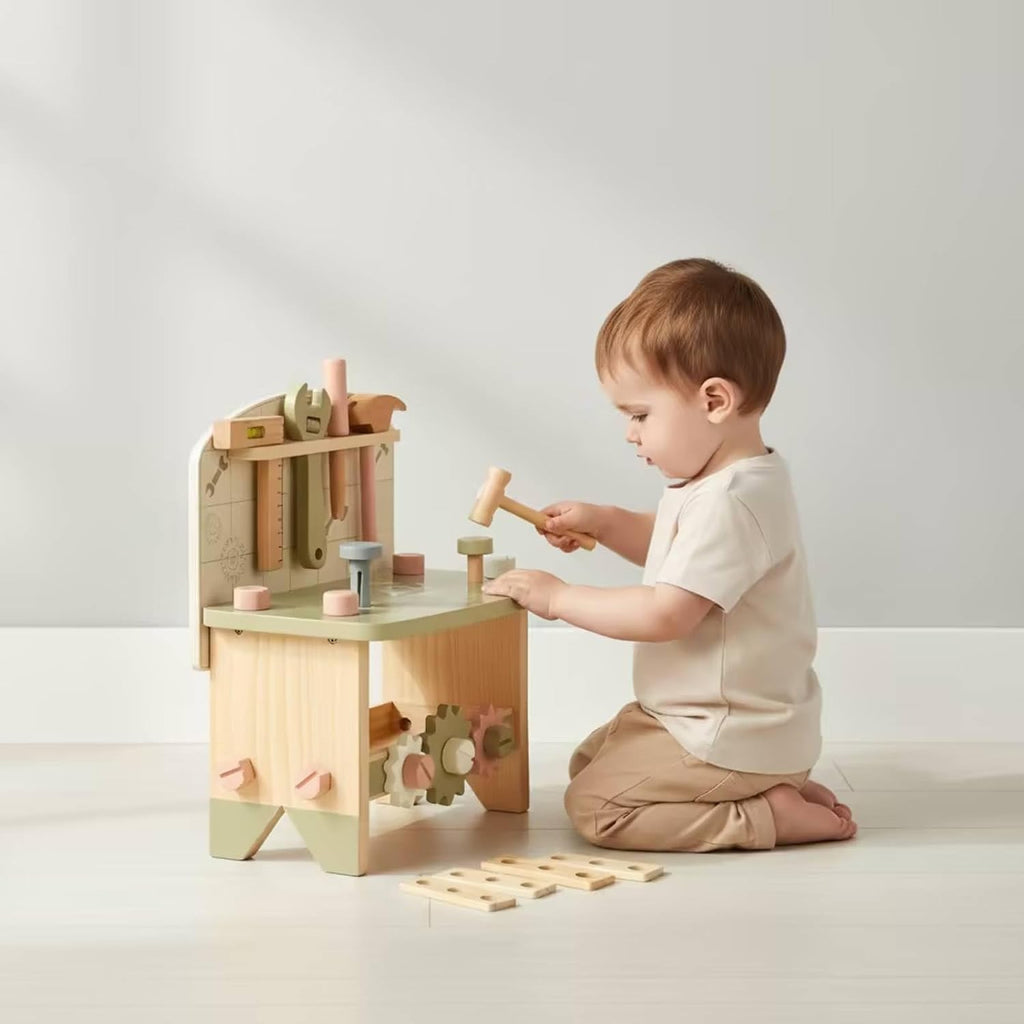 Qianly Wooden Toy Workbench Hands-on Wooden Tool Bench Educational Children's Tool Bench for Young Children, Preschoolers, Playroom, Preschool, Nursery