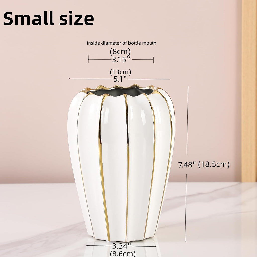 White Gold Ceramic Vase - Small Round Decorative Vase for Table Centerpieces, Wedding Decor, and Home (7.48 Inches Tall)