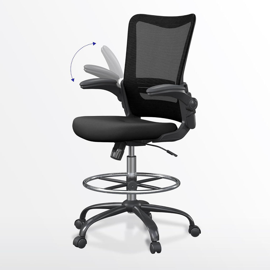 Drafting Chair Tall Office Chair for Standing Desk with Up & Down Flip-Up Armrest, 9” Adjustable Height High Desk Chair with Footrest Ring, 120° Recline Mesh Ergonomic Chair, 300 lbs