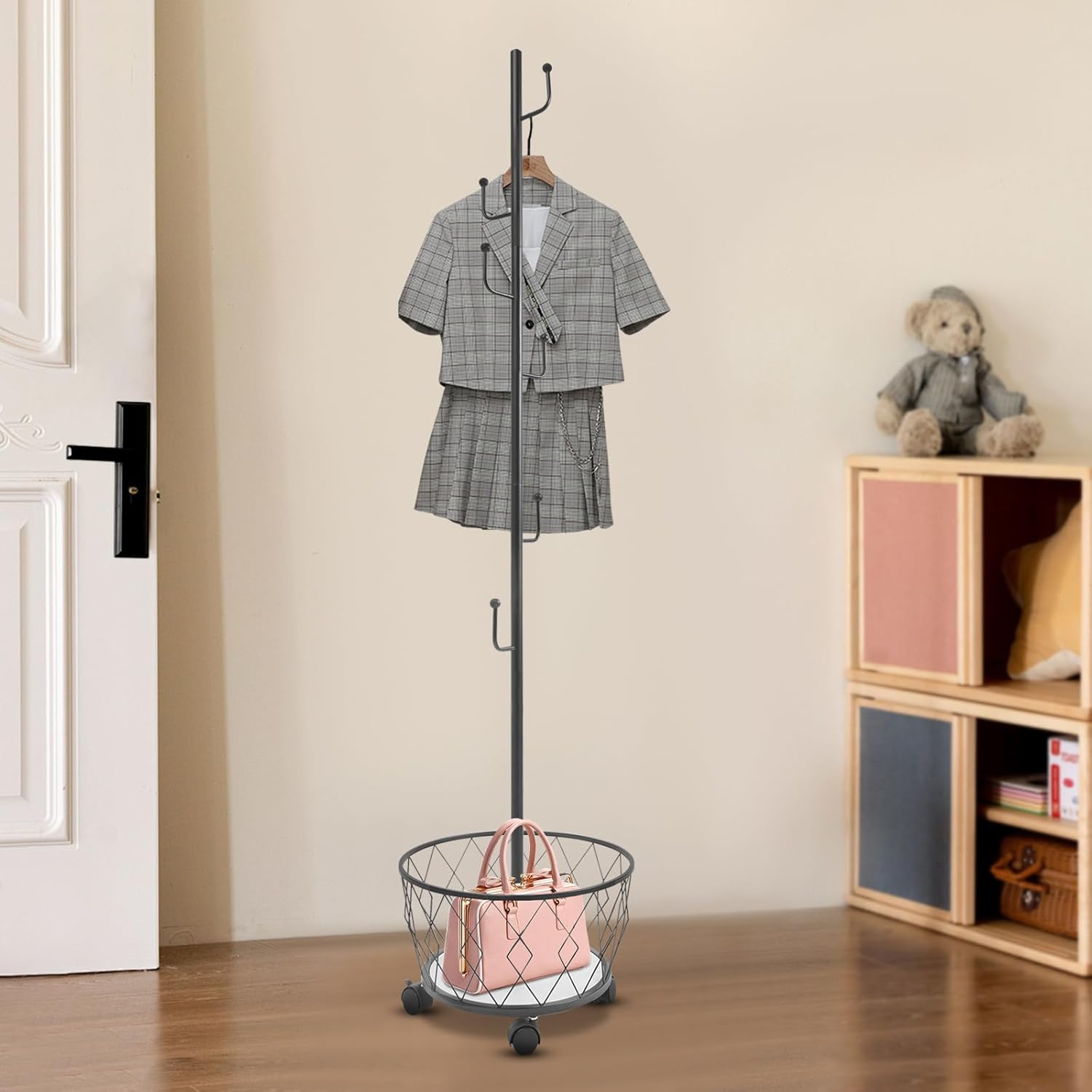 Coat Rack Freestanding with Storage Basket Black Hall Tree Entryway Organizer Coat Stand with Hooks for Hat Bag Scarf Shoe Bedroom Living Room Office