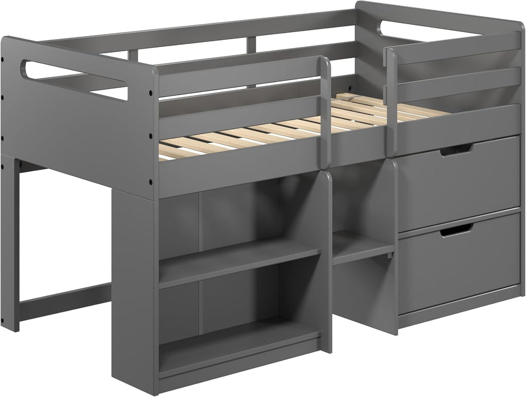 Grey Twin Loft Bed with Built in Drawers and Bookshelf