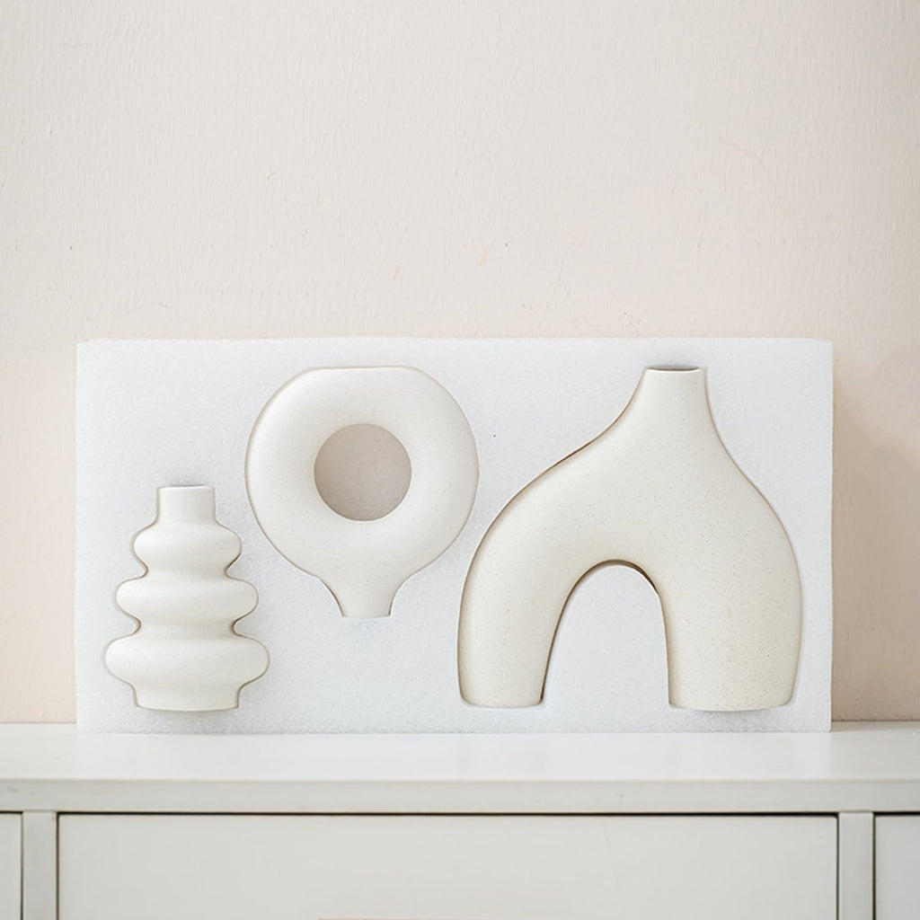 White Ceramic Vase Set of 3,Neutral Boho Nordic Minimalism Style Flower Vases for Living Room Wedding Table Party Office Bedroom