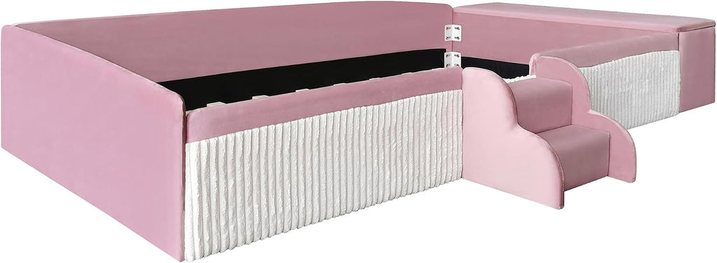 Twin Size Velvet Upholstered Floor Daybed with Stairs, Gas Lift Storage Ottoman and Padded Guardrails for Kids (Pink+White, Twin)
