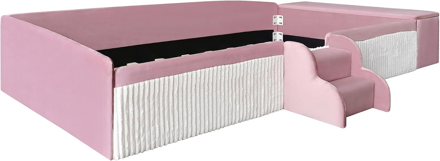 Twin Size Velvet Upholstered Floor Daybed with Stairs, Gas Lift Storage Ottoman and Padded Guardrails for Kids (Pink+White, Twin)