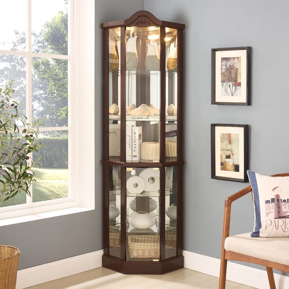 KEIKI 72" Corner Glass Display Cabinet with Adjustable Shelves, for Collectibles, Storage Curio Cabinet with Arched Floral Carving Decoration, 6-Tier Showcase Display Case, for Living Room, Cherry