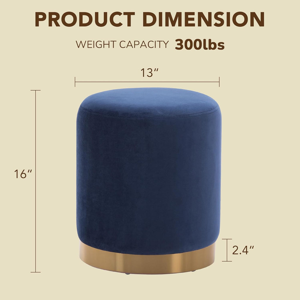 LSSBOUGHT Round Velvet Ottoman, 16" H Footrest Stool with Gold Metal Base, Modern Upholstered Vanity Stool for Living Room, Bedroom, Entryway (Blue, Set of 1)