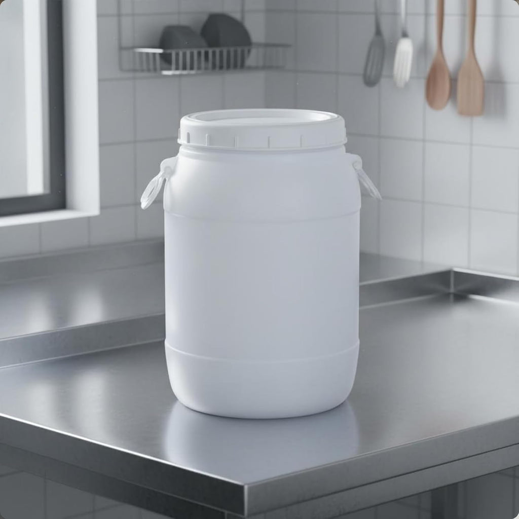 Large Capacity Container with Wide Opening HDPE Storage Drum Secure Lid Multipurpose Barrel Suitable for Organizing Edible Ingredients Water Storage Household Supplies, White, 35L