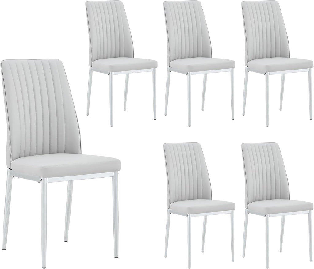 Gray Dining Chairs Set of 6, Modern PU Leather Dining Room Chair with Chrome Metal Legs, Upholstered Kitchen Chair with High Back Sillas para Comedor for Kitchen, Living Room, Apartment (Light Gray,6)