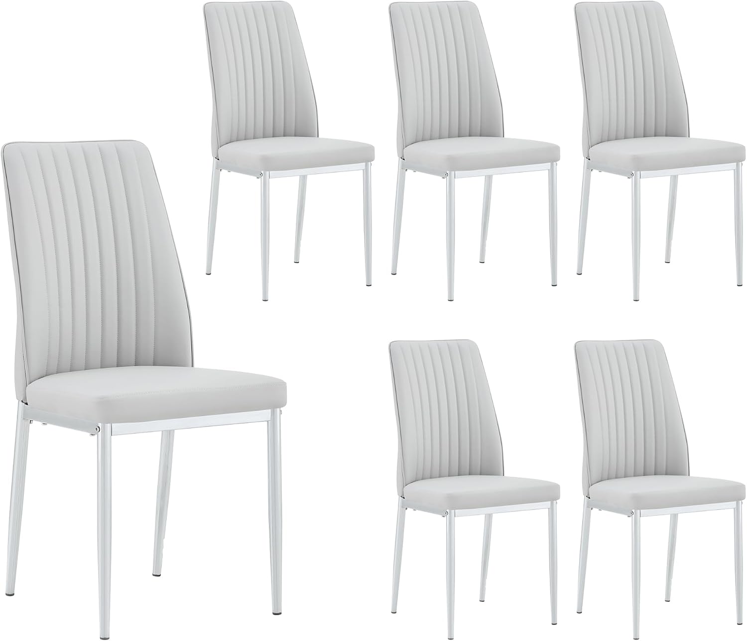 Gray Dining Chairs Set of 6, Modern PU Leather Dining Room Chair with Chrome Metal Legs, Upholstered Kitchen Chair with High Back Sillas para Comedor for Kitchen, Living Room, Apartment (Light Gray,6)