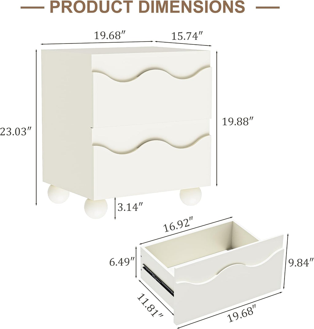 Anbuy Beige Nightstand Set of Two, Modern Night Stand Set of 2 with 2 Drawers for Bedroom, Side End Table with Hidden Handles Scalloped Bedside Night Tables with Solid Wood Legs