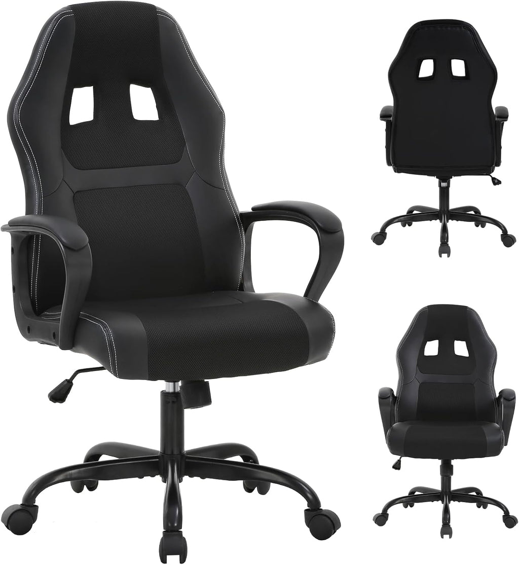 Gaming Chair PC Office Chair Ergonomic Gamer Chair PU Leather Executive Computer Chair with Lumbar Support High Back Adjustable Rolling Swivel Desk Chair for Adult Teen, Black