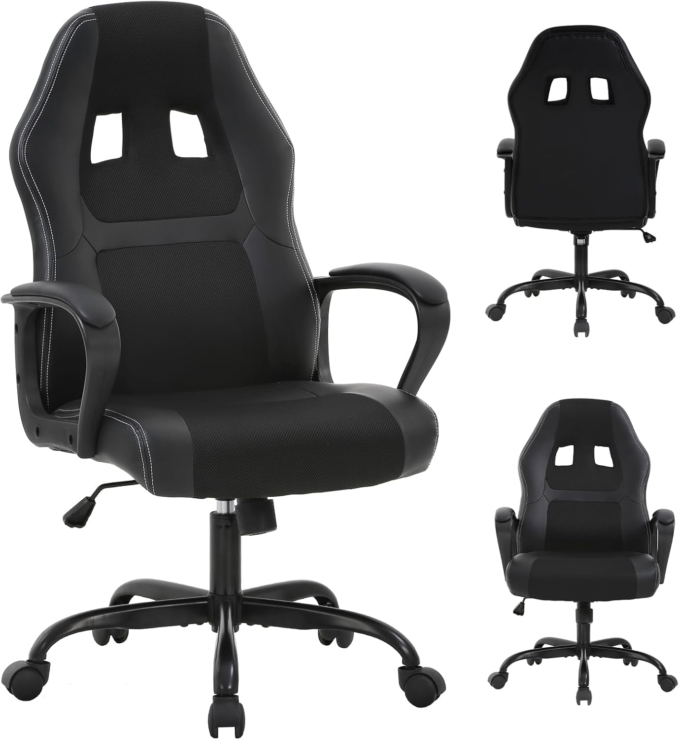 Gaming Chair PC Office Chair Ergonomic Gamer Chair PU Leather Executive Computer Chair with Lumbar Support High Back Adjustable Rolling Swivel Desk Chair for Adult Teen, Black