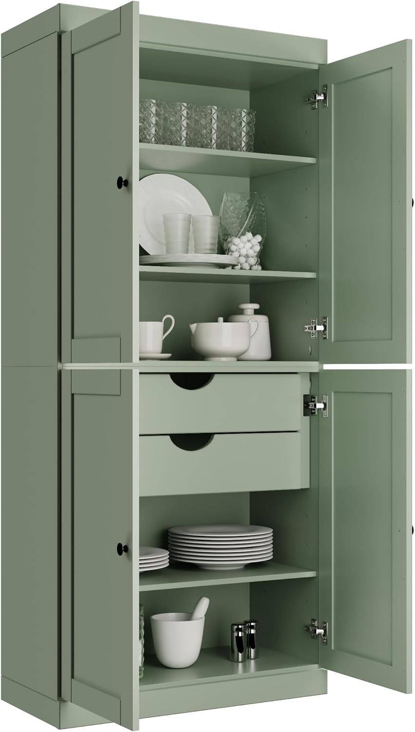 Palace Imports Solid Wood Kitchen Pantry Cabinet - 71.5" Tall x 32" Wide - Wooden Storage Cabinet with 4 Shaker Doors, 2 Drawers & 4 Adjustable Shelves, Sage, 100% Eco-Friendly Wood, Made in Brazil