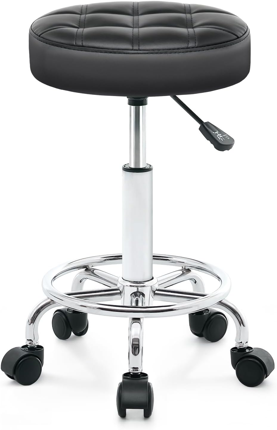 Rolling Stool with Wheels - Swivel Small Office Chair with Footrest, PU Leather Shop Stool for Office Spa Studio Lab Counter Salon Home Work Bar Kitchen Shop Teach Medical Facial, Black