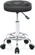 Rolling Stool with Wheels - Swivel Small Office Chair with Footrest, PU Leather Shop Stool for Office Spa Studio Lab Counter Salon Home Work Bar Kitchen Shop Teach Medical Facial, Black