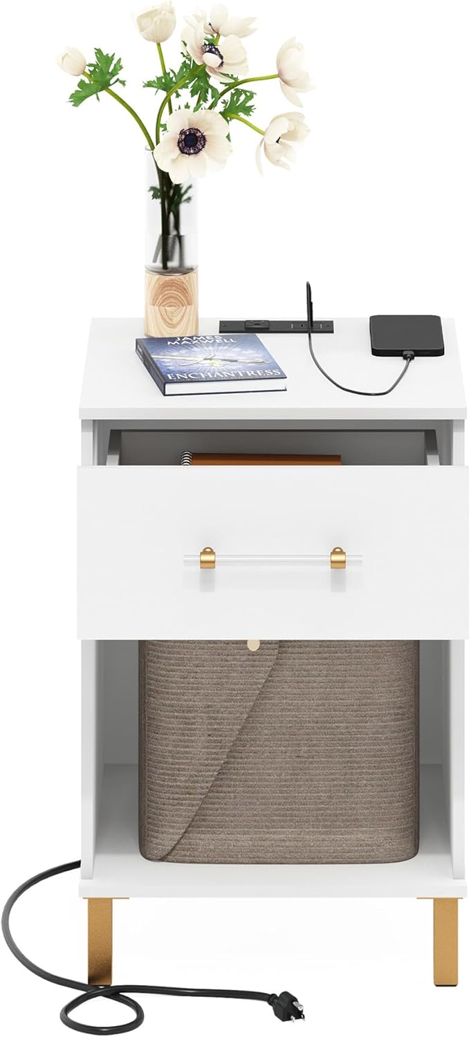 Furinno Tidur Side Table with Charging Station, End Table, Night Stand, Bedside Table with USB and Type-C Charging Port, for Living Room, Bedroom, Plain White