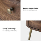 Mid Century Modern Round End Table with 3 Drawers, Small Wood Side Table with Flared Metal Legs and Vintage Knobs, Versatile Accent Beside Table for Living Room, Walnut