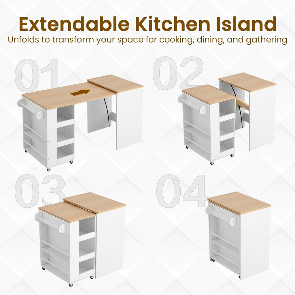 EROMMY 52" Extendable Kitchen Island with Faux Marble Top, Rolling Kitchen Cart with Pull-Out Dining Table, Spice Rack, Towel Bar, Mobile Breakfast Bar Station with Storage for Small Space (White)