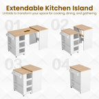 EROMMY 52" Extendable Kitchen Island with Faux Marble Top, Rolling Kitchen Cart with Pull-Out Dining Table, Spice Rack, Towel Bar, Mobile Breakfast Bar Station with Storage for Small Space (White)