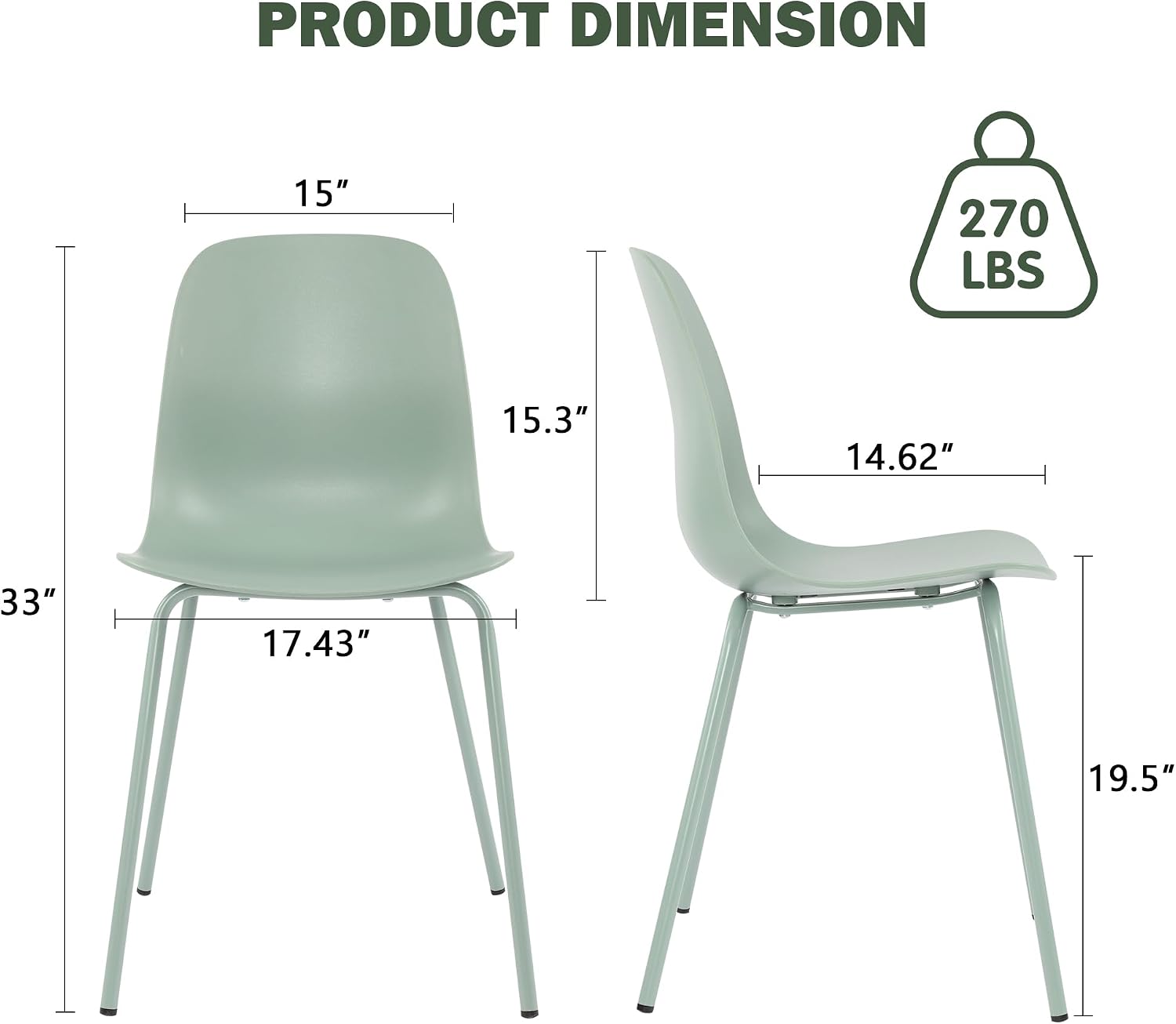 Mid Century Kitchen Chairs Set of 4,Green Plastic Dining Chairs Outdoor Chairs with Metal Legs for Living & Dining Room(4pc,Mint Green)