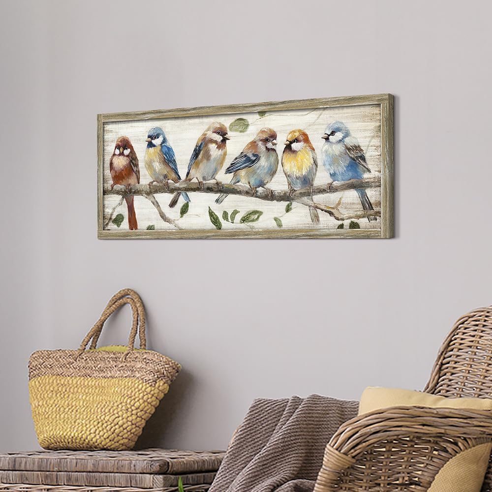Colorful Bird Wooden Wall Art: Rustic Chickadee Framed Painting Vintage Cute Sparrow Picture Bluebird on Branch Prints Countryside Artwork Decor for Living Room Bedroom Farmhouse