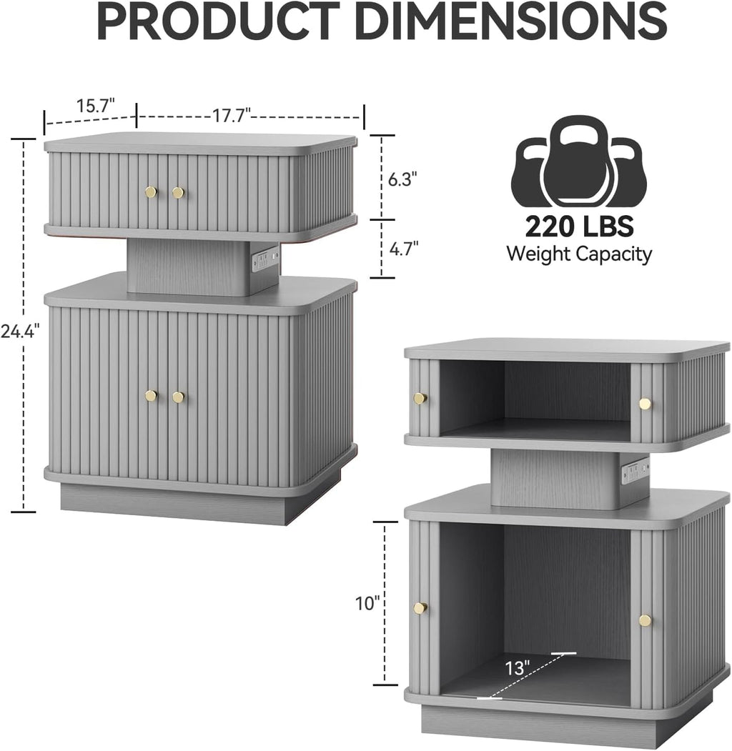 Nightstands Set of 2 with Charging Station, Modern Night Stands Set 2 with Smart Led Light and Small Sliding Door Cabinets, Curvy Edge, Bedside Table for Bedroom, Grey