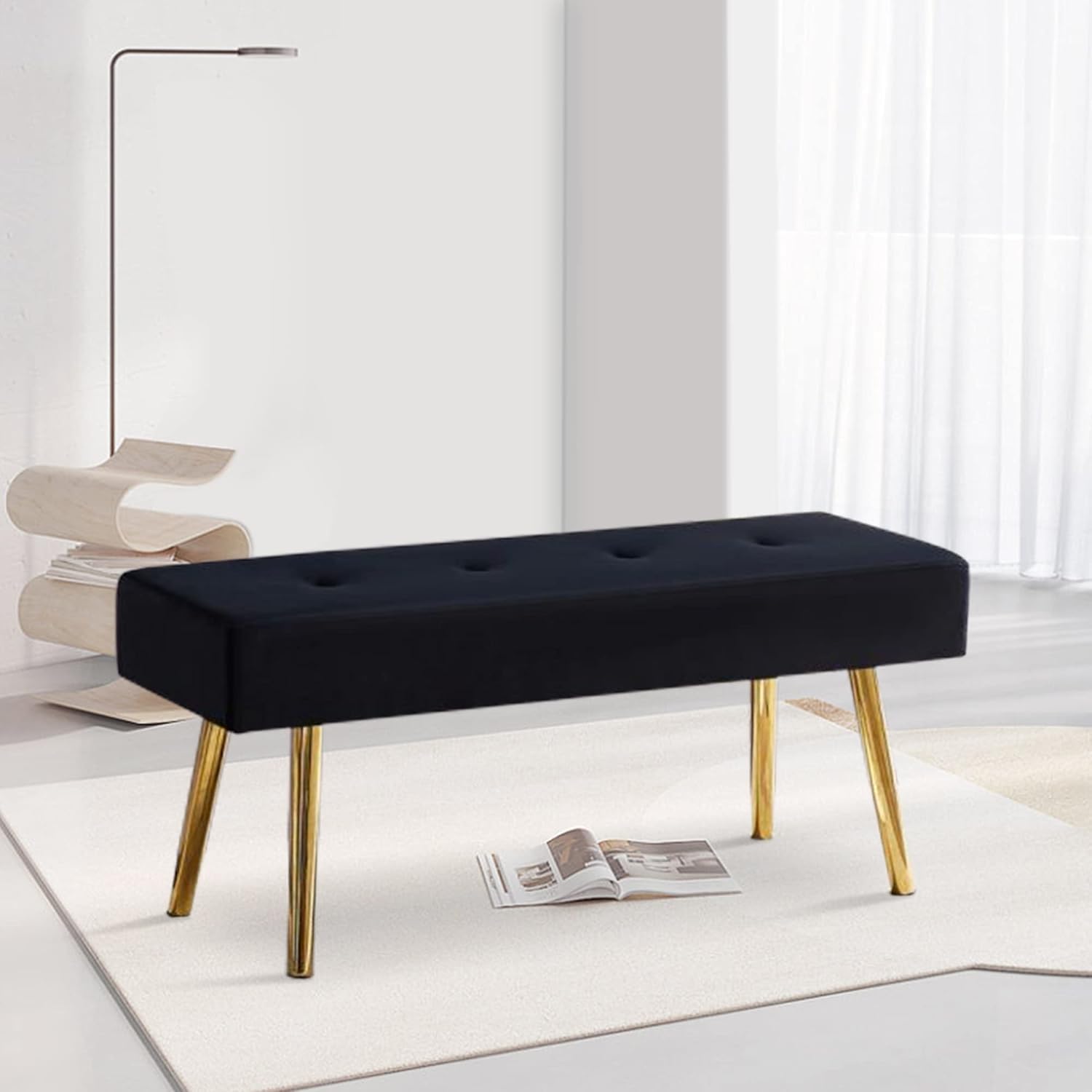 Upholstered Bench for Bedroom End of Bed, 40-inch Entryway Bench for Living Room, Dining Bench with Padded Seat and Metal Legs for Kitchen Bedroom,Indoor and Hallway (Black Velvet Bench)