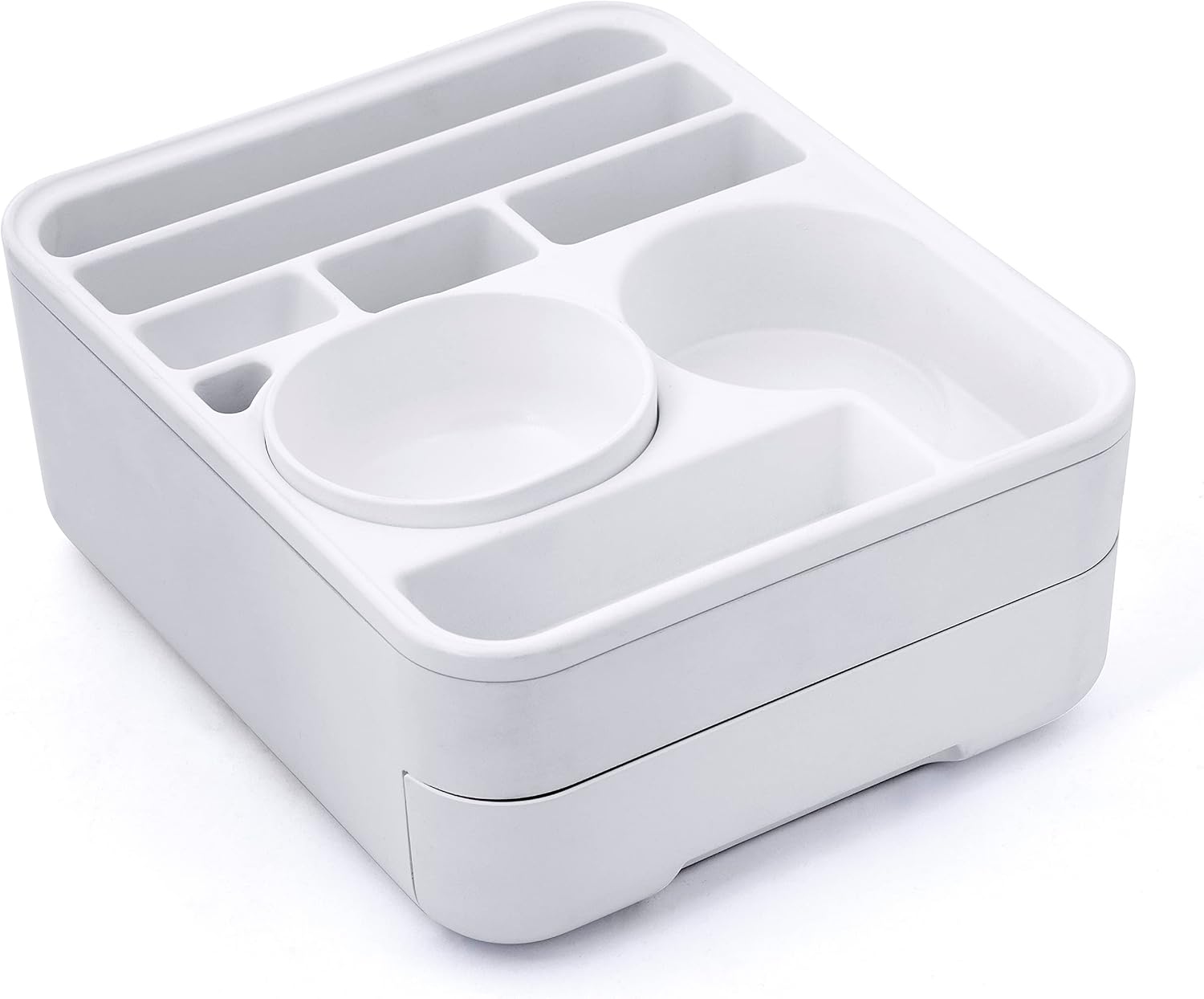 Copco Home Office Caddy Lazy Susan Organizer with Removable Snack Cup and Drawer - Desktop Turntable Storage for Snacks, Tablets, Phones, Remotes, Headphones - 10 x 8.5 x 4.5 Inches