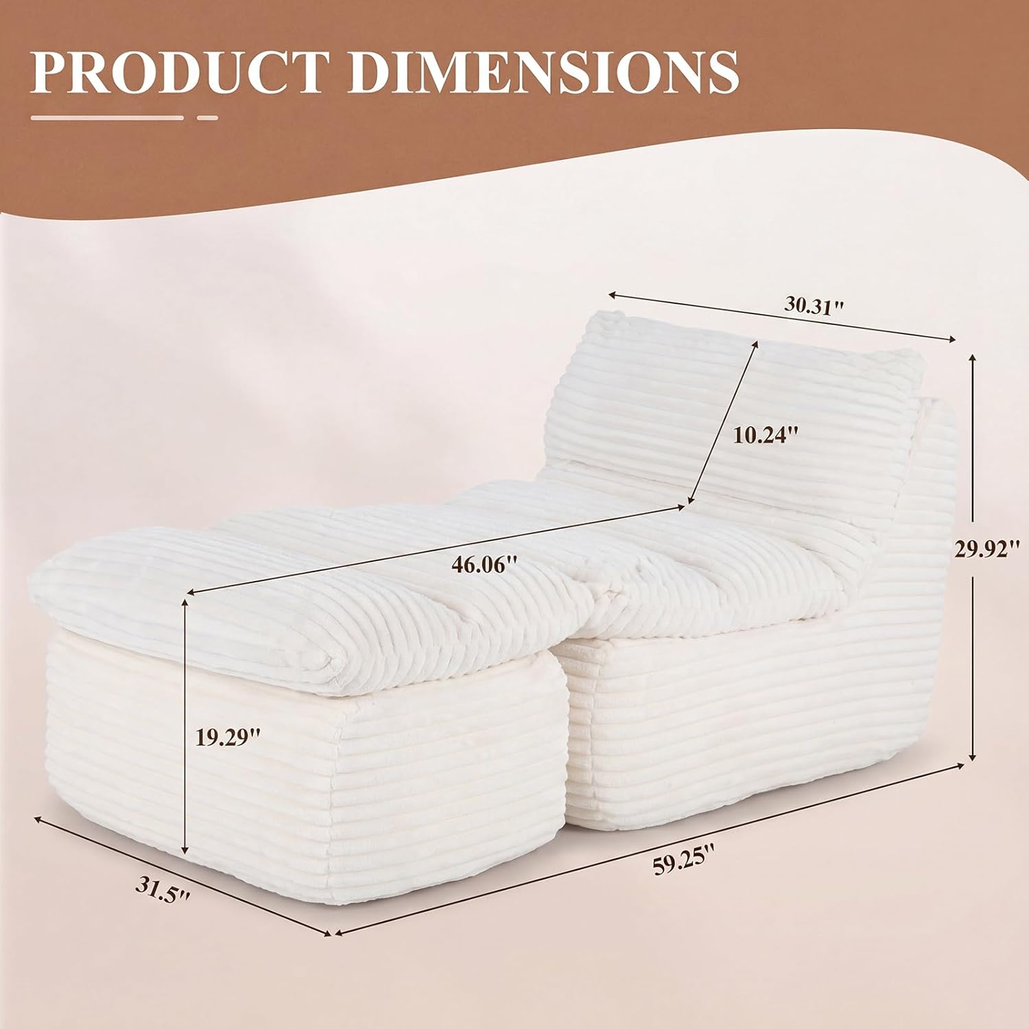 Boneless Chaise Lounge Chair, Faux Fur Ergonomic Chair with Ottoman, High Density Memory Foam No Assembly Lazy Sofa, Indoor Leisure Couch for Living Room Bedroom Office Apartment