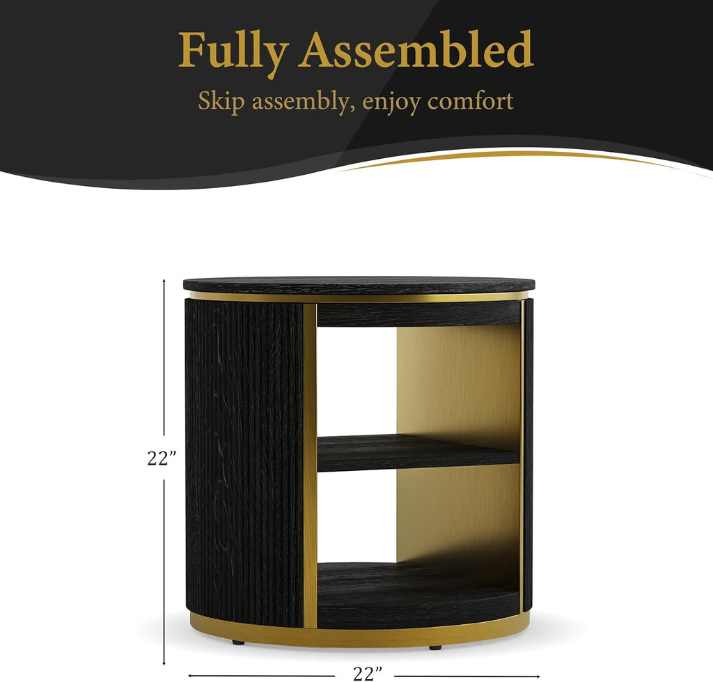 AUZ Round Black and Gold Fluted End Table Set of 2, 22" Mid Century Modern Wood Side Table with Storage, Modern Bedside Table, Nightstand for Living Room, Bedroom